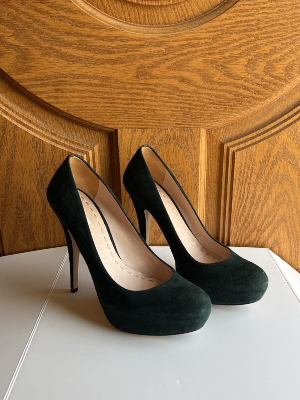 Miu Miu Suede Platform Pumps – Teal High Heel, Rounded Toe, Covered Platform